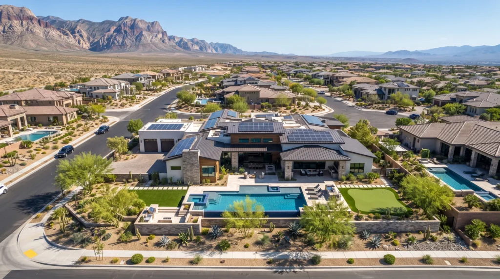 A professional cinematic aerial drone shot of a luxury modern mansion in Las Vegas