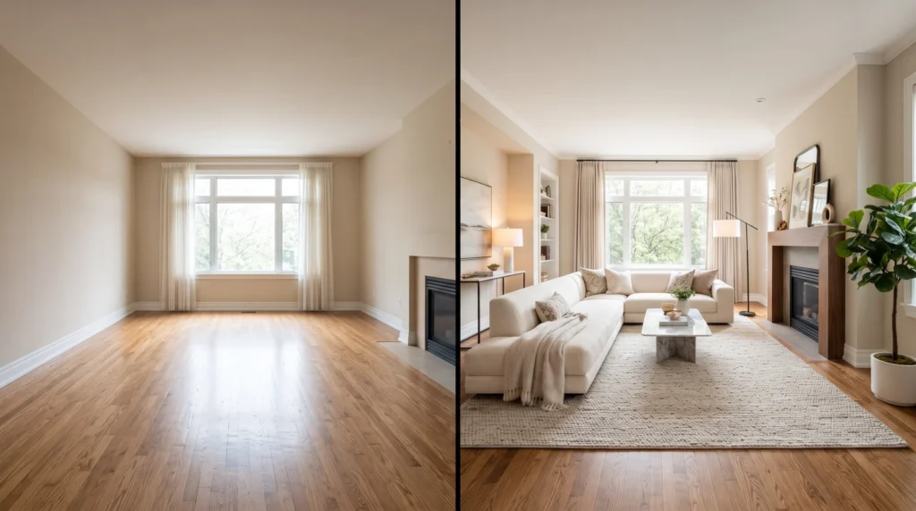 Before and after comparison of a vacant room and a professionally furnished space using virtual staging for real estate marketing.