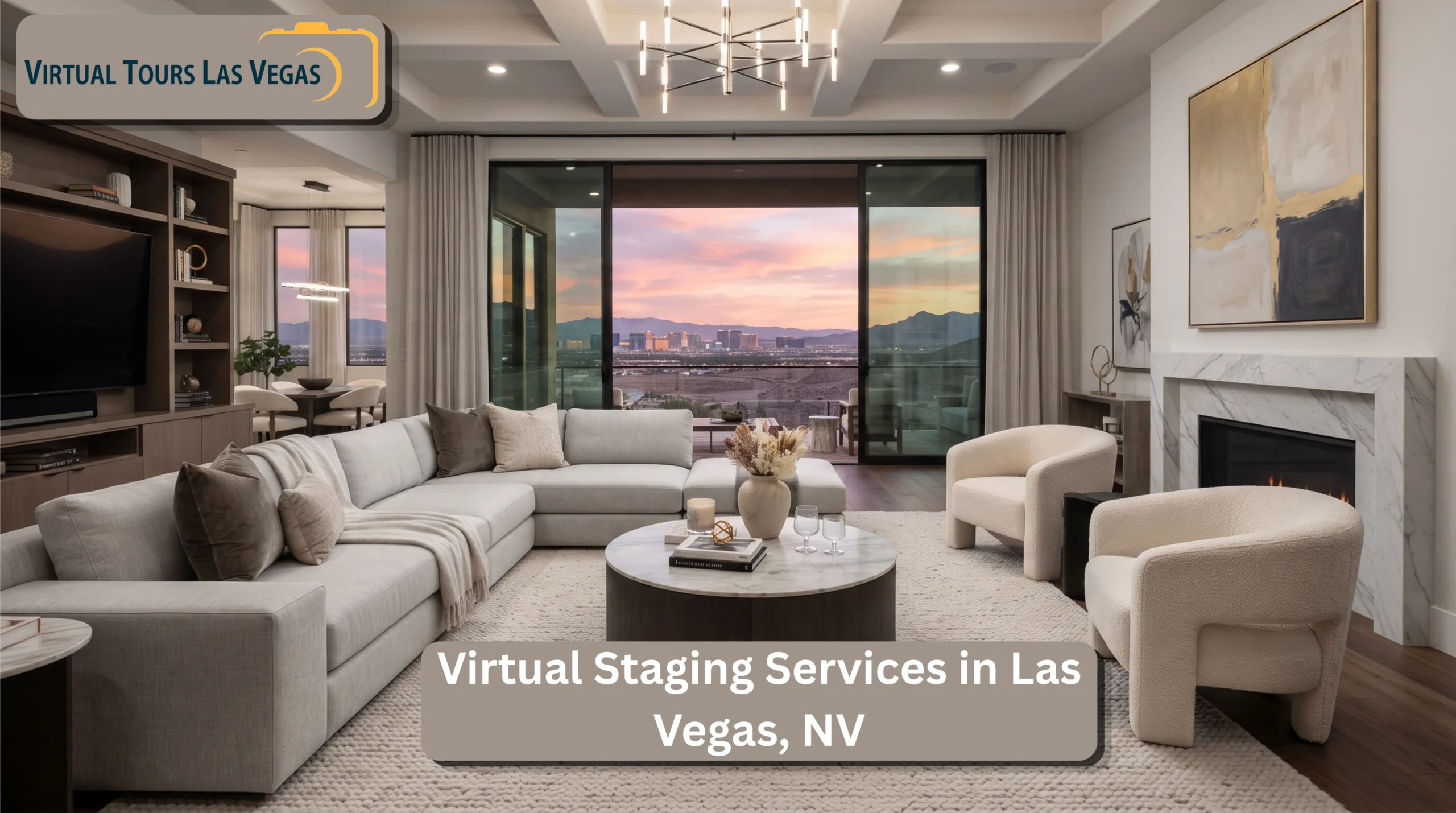 Professionally staged modern luxury living room, Las Vegas real estate property.